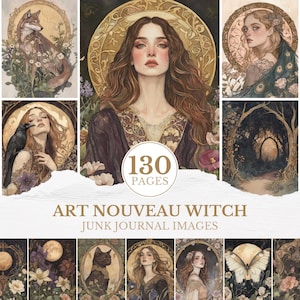 May include: A collection of Art Nouveau Witch junk journal images. The images feature portraits of women, animals, and nature scenes, all with a vintage aesthetic. The color palette includes muted tones of gold, brown, and green. The text "130 PAGES" is visible in the center of the image.