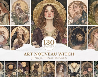 May include: A collection of Art Nouveau Witch junk journal images. The images feature portraits of women, animals, and nature scenes, all with a vintage aesthetic. The color palette includes muted tones of gold, brown, and green. The text "130 PAGES" is visible in the center of the image.
