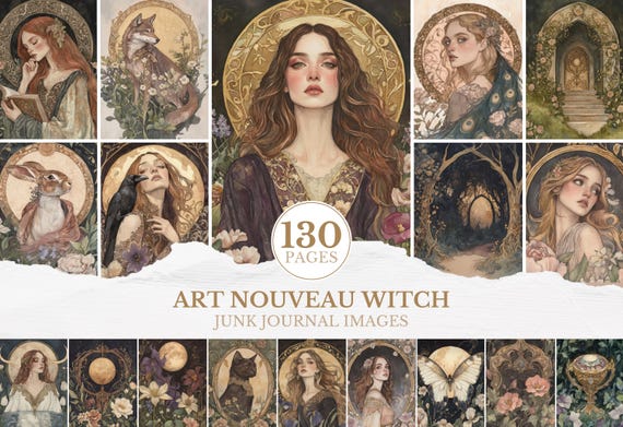 Art Nouveau Witch Junk Journal Images, Floral Botanical Vintage Witch Ephemera, Mystical Scrapbooking Pages