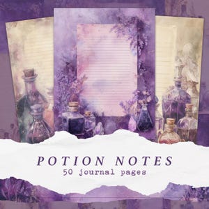 Puede incluir: Un conjunto de 50 páginas de diario imprimibles con un fondo de acuarela púrpura e ilustraciones de botellas de pociones y flores de lavanda. El texto "POTION NOTES" y "50 páginas de diario" está impreso en las páginas.