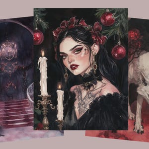 May include: A set of three art prints featuring gothic-inspired imagery. One print depicts a woman with dark hair and a floral headpiece, candles, and Christmas ornaments. Another shows a staircase and chandelier. The third shows a white wolf.