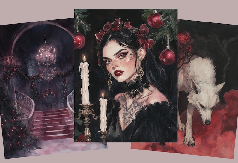 May include: A set of three art prints featuring gothic-inspired imagery. One print depicts a woman with dark hair and a floral headpiece, candles, and Christmas ornaments. Another shows a staircase and chandelier. The third shows a white wolf.