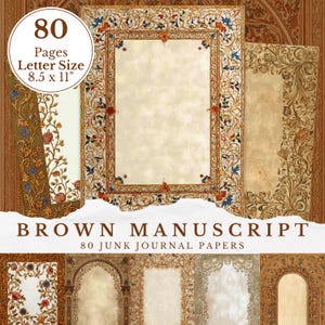 Può includere: Fogli di diario spazzatura manoscritti marroni. L'immagine mostra diverse pagine con bordi floreali ornati nei toni del marrone, oro, rosso e blu. Il testo sull'immagine recita "80 Pagine Letter Size 21,6 x 27,9 cm".