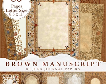 Brown Manuscript Pages Antique Junk Journal Paper, Illuminated Printable Medieval Background, Decorative Frame Vintage Renaissance Aesthetic