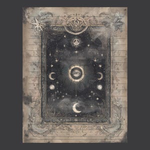 May include: A celestial-themed artwork featuring a central eye radiating light, surrounded by stars, moons, and celestial bodies. The artwork is framed with ornate floral and geometric designs, with a vintage, aged appearance.