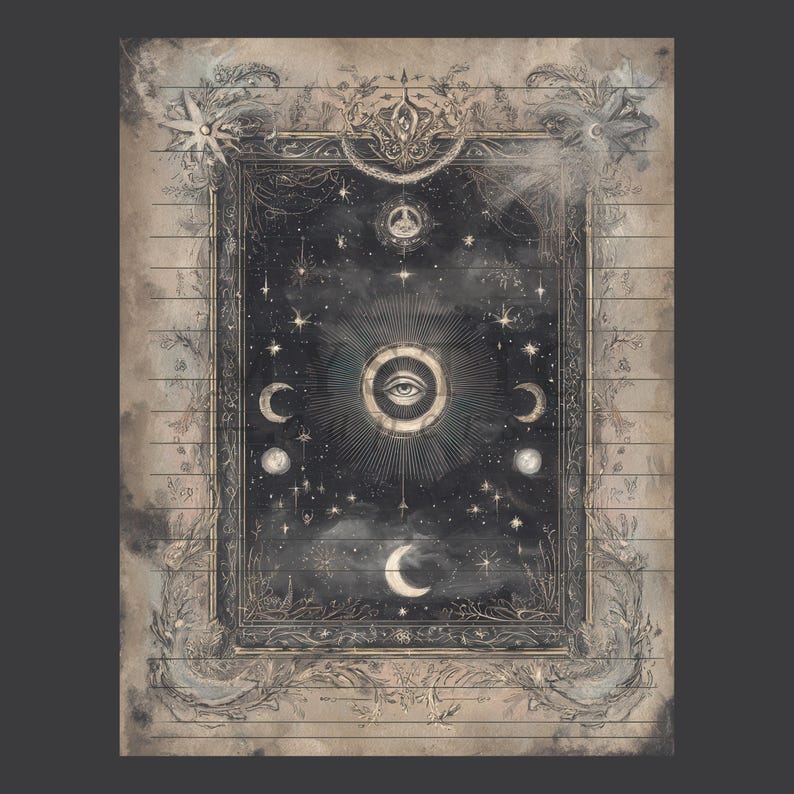 May include: A celestial-themed artwork featuring a central eye radiating light, surrounded by stars, moons, and celestial bodies. The artwork is framed with ornate floral and geometric designs, with a vintage, aged appearance.