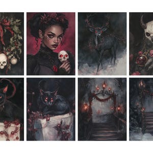 May include: A collection of eight dark fantasy art prints. The images feature gothic themes, including a woman with a skull, a deer, a skull-faced figure, black cats, and a bridge, all with a dark, moody aesthetic.