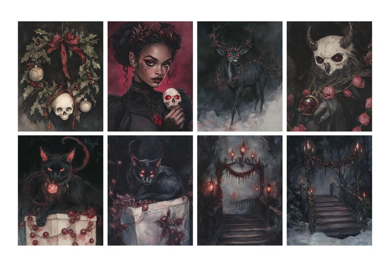 May include: A collection of eight dark fantasy art prints. The images feature gothic themes, including a woman with a skull, a deer, a skull-faced figure, black cats, and a bridge, all with a dark, moody aesthetic.