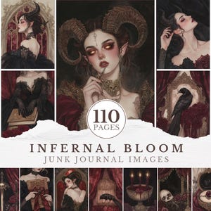 May include: A collection of digital images with a dark, gothic aesthetic. The images feature portraits of women with horns and pointed ears, ravens, candles, and antique books. The color palette is dominated by deep reds, blacks, and golds. The text "Infernal Bloom" and "110 Pages" are visible.
