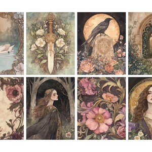May include: A collection of eight watercolor art prints featuring fantasy and nature themes. The prints showcase a swan on a lake, a sword with flowers, a raven on a tombstone, and a woman with long hair.