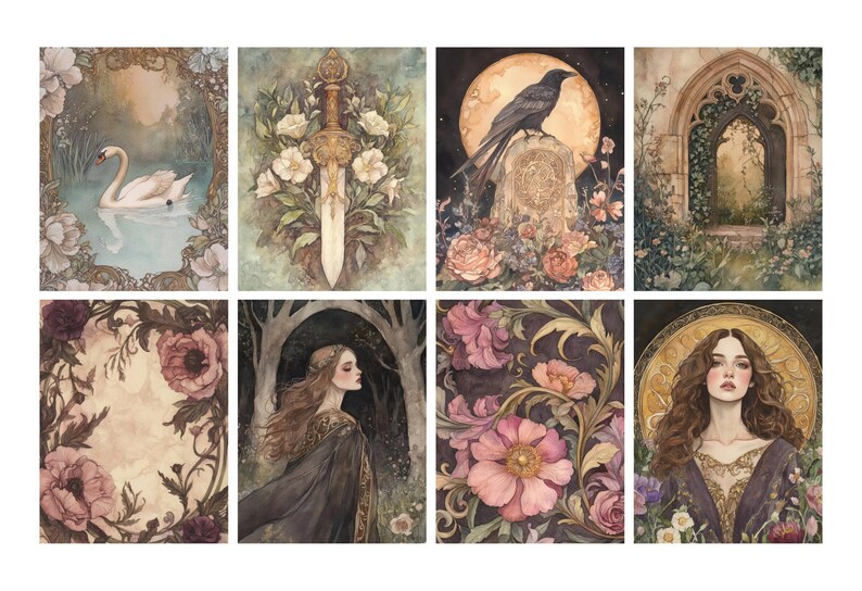 May include: A collection of eight watercolor art prints featuring fantasy and nature themes. The prints showcase a swan on a lake, a sword with flowers, a raven on a tombstone, and a woman with long hair.