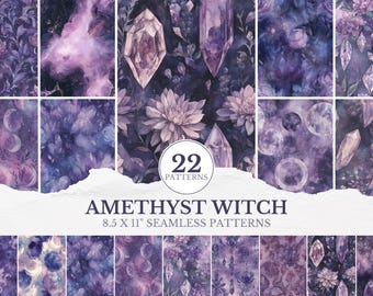 May include: A set of 22 seamless patterns in purple hues, showcasing crystals, flowers, and celestial designs. The patterns measure 21.59 x 27.94 cm. The text "AMETHYST WITCH" is visible.