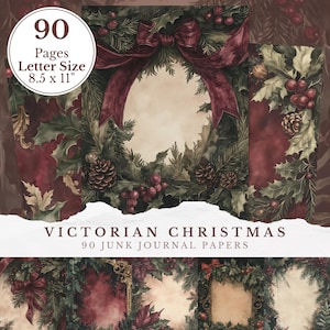 Peut inclure: Papiers de journal intime de Noël victorien. L'image présente 90 pages, format lettre 21,6 x 27,9 cm. Le design comprend une couronne avec un nœud rouge, du houx, des pommes de pin et des baies. Le fond est rouge foncé.
