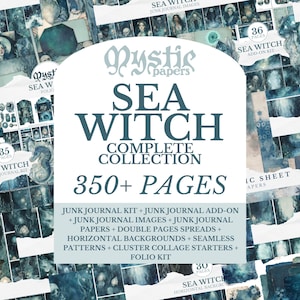 May include: A complete collection of "Sea Witch" themed digital papers and ephemera. The image features a variety of digital papers, backgrounds, and collage elements in shades of blue and teal. The collection includes over 350 pages of digital art for junk journals.
