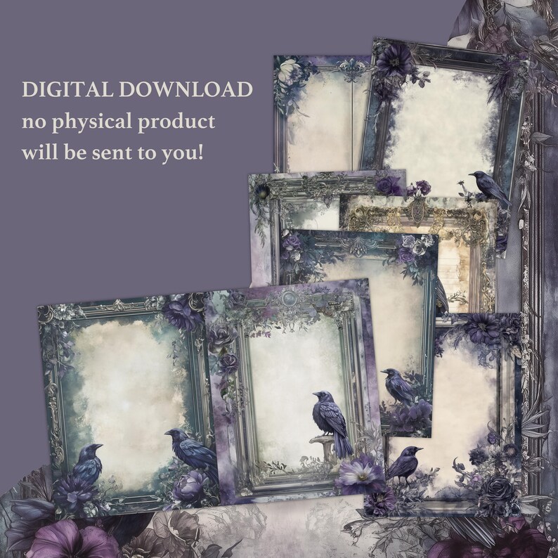 Op de afbeelding: Een set digitale, afdrukbare scrapbookpapier met sierlijke frames met bloemen- en vogelmotieven in tinten paars, blauw en grijs. De frames zijn leeg en klaar om tekst of afbeeldingen toe te voegen.