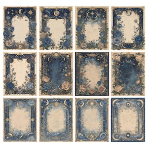 May include: A collection of twelve stationery sheets with a celestial and floral design. Each sheet features a dark blue border with gold accents, roses, moons, and stars. The center of each sheet is a cream color, with some lined and others blank.