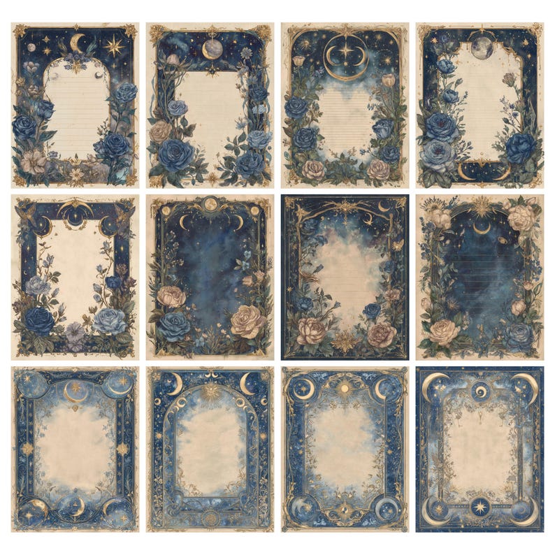 May include: A collection of twelve stationery sheets with a celestial and floral design. Each sheet features a dark blue border with gold accents, roses, moons, and stars. The center of each sheet is a cream color, with some lined and others blank.