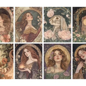May include: A collection of eight watercolor art prints. The prints feature portraits of women, a rabbit, and a clock, surrounded by floral elements. The color palette includes soft pinks, greens, and browns, creating a vintage aesthetic. The art style is reminiscent of classical paintings.