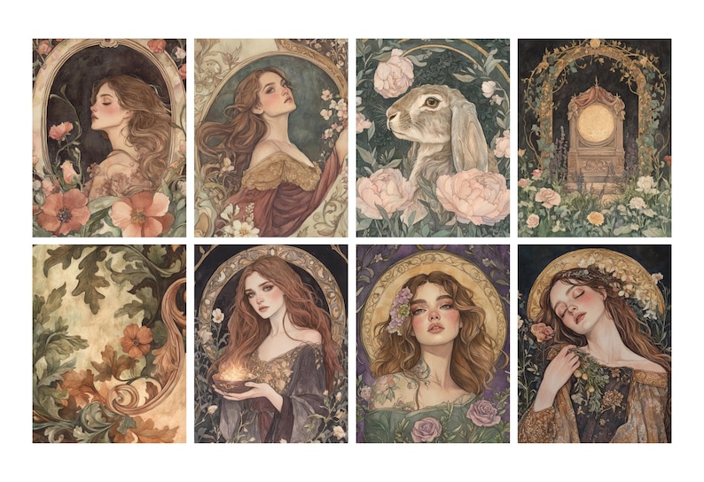 May include: A collection of eight watercolor art prints. The prints feature portraits of women, a rabbit, and a clock, surrounded by floral elements. The color palette includes soft pinks, greens, and browns, creating a vintage aesthetic. The art style is reminiscent of classical paintings.
