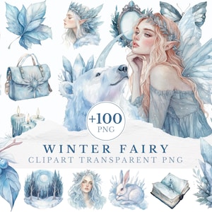 May include: Watercolor illustrations of winter-themed elements, including a fairy, polar bear, snow leopard, and various other objects in shades of blue and white. The text "WINTER FAIRY CLIPART TRANSPARENT PNG" is displayed.