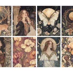 May include: A collection of eight watercolor art prints. The prints feature a variety of subjects, including a deer, a woman, a butterfly, and floral patterns. The color palette includes muted tones of brown, beige, and purple, creating a vintage aesthetic.