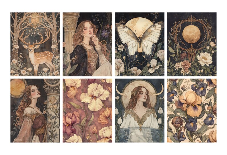May include: A collection of eight watercolor art prints. The prints feature a variety of subjects, including a deer, a woman, a butterfly, and floral patterns. The color palette includes muted tones of brown, beige, and purple, creating a vintage aesthetic.