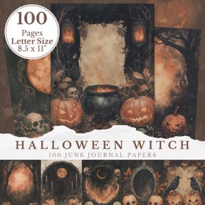 Puede incluir: Papeles de diario basura con temática de Halloween con efecto acuarela. El diseño presenta calabazas, calaveras, un caldero y una luna llena. El texto de la imagen dice "100 Pages Letter Size 8.5 x 11" y "Halloween Witch 100 Junk Journal Papers."