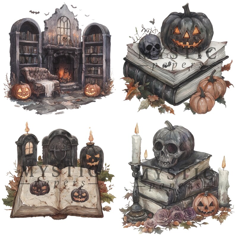 May include: Watercolour illustrations of Halloween decorations. The images feature a haunted library, pumpkins, skulls, books, candles, and tombstones. The colour scheme is dark with orange and brown accents.