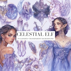 Clipart di elfi celestiali, clipart di fate magiche ad acquerello, pacchetto di immagini PNG di fate elfe mistiche e realistiche, personaggi fantasy di ragazze elfe magiche viola