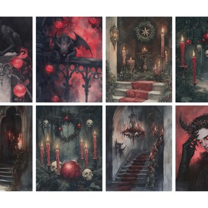 May include: A collection of eight watercolor paintings with a gothic theme. Each painting features dark, moody scenes with red accents, including candles, ornaments, and figures with horns and wings. The artwork evokes a sense of mystery and the macabre.