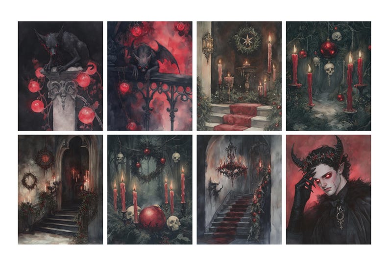 May include: A collection of eight watercolor paintings with a gothic theme. Each painting features dark, moody scenes with red accents, including candles, ornaments, and figures with horns and wings. The artwork evokes a sense of mystery and the macabre.