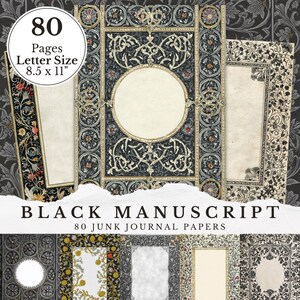 Peut inclure: Papiers de journal intime Black Manuscript. Les papiers ont des bordures ornées avec des motifs floraux et de défilement en noir, or et crème. Les papiers sont au format lettre, 21,6 x 27,9 cm, avec 80 pages. Le fond est un motif floral foncé.