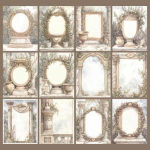 May include: A collection of watercolor illustrations featuring ornate frames and architectural elements. Each frame is surrounded by laurel wreaths and set against a backdrop of classical columns and foliage, in shades of beige, green, and gold.