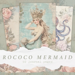 Páginas de diario vintage rococó de sirena, papel imprimible para scrapbooking oceánico, fondos de fantasía marina vintage, conchas costeras florales