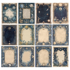 May include: A collection of twelve celestial-themed stationery sheets. Each sheet features a unique design with planets, moons, and stars in shades of blue, gold, and cream. The frames are ornate, with floral and celestial motifs.
