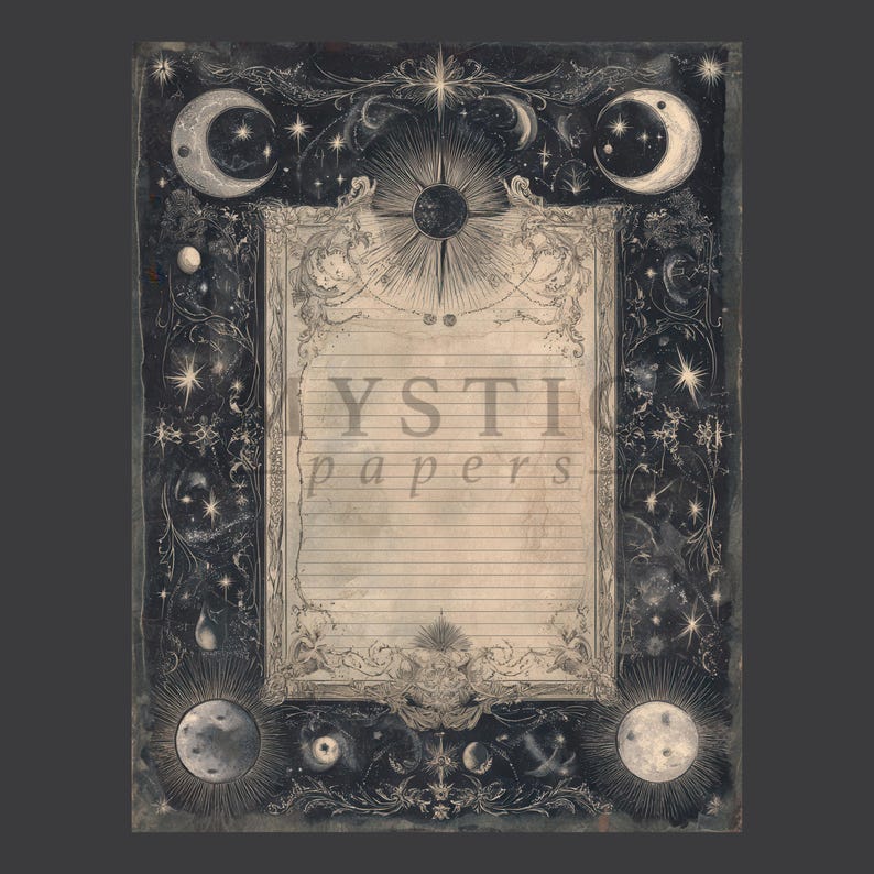 May include: A celestial-themed paper with a dark background, featuring moons, stars, and suns. The central lined area has the text "YSTI papers" in a vintage font, framed by ornate celestial illustrations. The overall design evokes a mystical or astrological theme.