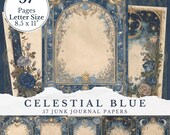 Blue Celestial Writing Pages, Witchy Junk Journal Insert Printable Lined Paper Grimoire Moon Stars Scrapbook Paper Cosmic Mystical Ephemera