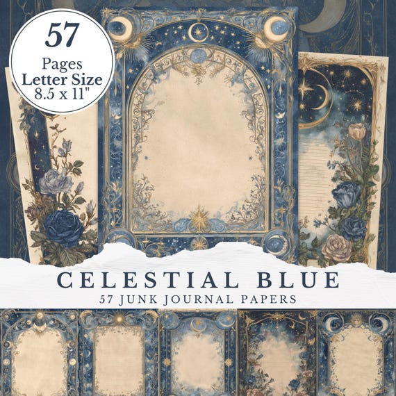 Blue Celestial Writing Pages, Witchy Junk Journal Insert Printable Lined Paper Grimoire Moon Stars Scrapbook Paper Cosmic Mystical Ephemera