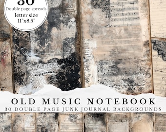 Grunge Lace Music Sheet Junk Journal Double Pages, Old Music Notebook Scrapbooking Background, Vintage Music Digital Paper Spreads Scrap