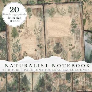 Puede incluir: Un cuaderno de estilo vintage con ilustraciones botánicas y texto manuscrito. El cuaderno presenta 20 páginas dobles, tamaño carta 28 cm x 22 cm, con temática naturalista. La portada dice "NATURALIST NOTEBOOK" y "20 DOUBLE PAGE JUNK JOURNAL BACKGROUNDS".