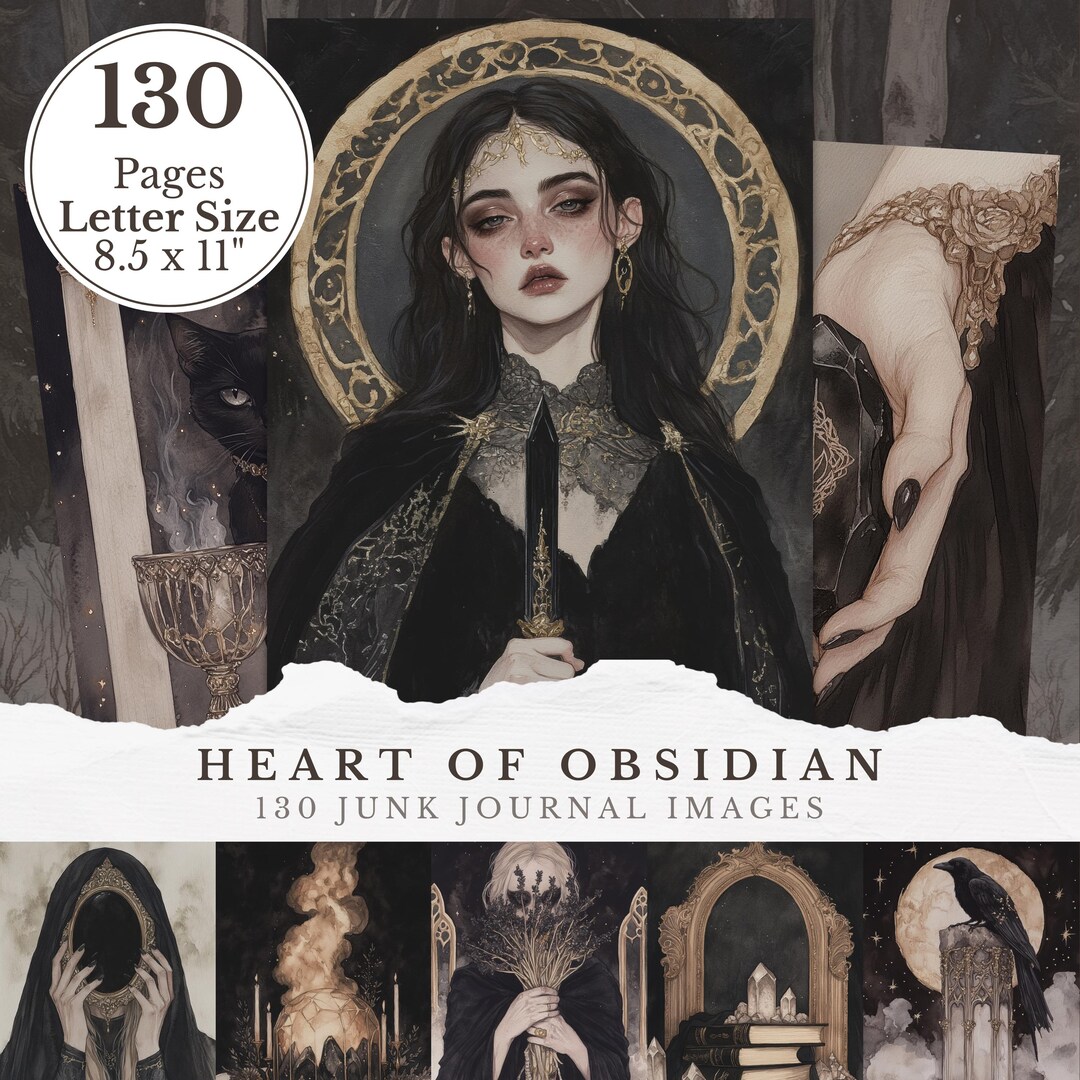 Heart of Obsidian Crystal Witch Junk Journal Images, Dark Academia