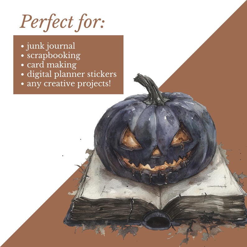 May include: A watercolour illustration of a dark blue pumpkin with a carved face, sitting on an open, aged book. The image includes text: "Perfect for: junk journal, scrapbooking, card making, digital planner stickers, any creative projects!"