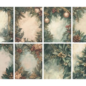 Pu&ograve; includere: Una collezione di otto disegni natalizi ad acquerello. Ogni disegno presenta uno spazio centrale aperto circondato da elementi festivi come aghi di pino, pigne, bacche e ornamenti. La tavolozza dei colori comprende verdi, ori e creme.