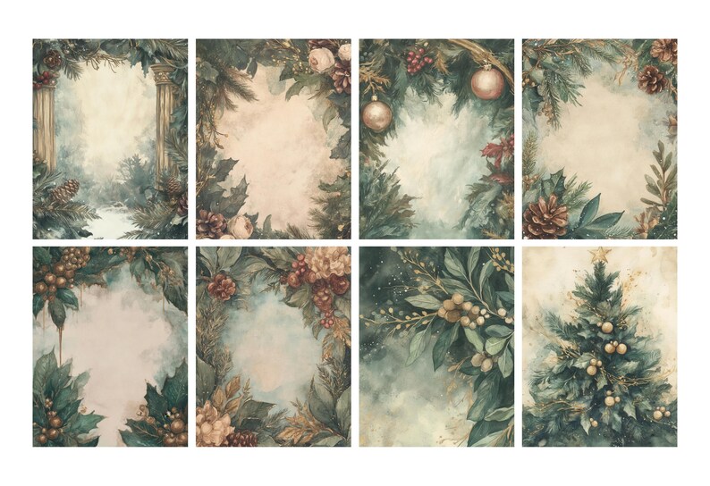 Pu&ograve; includere: Una collezione di otto disegni natalizi ad acquerello. Ogni disegno presenta uno spazio centrale aperto circondato da elementi festivi come aghi di pino, pigne, bacche e ornamenti. La tavolozza dei colori comprende verdi, ori e creme.