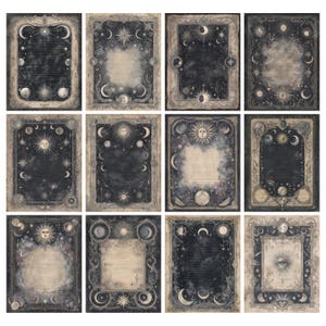 May include: A collection of twelve celestial-themed stationery sheets. Each sheet features a dark background with moons, stars, and suns, framed by ornate borders. The designs include lined and unlined pages, perfect for writing or drawing.