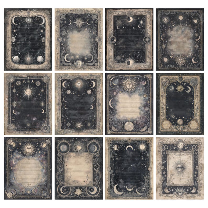 May include: A collection of twelve celestial-themed stationery sheets. Each sheet features a dark background with moons, stars, and suns, framed by ornate borders. The designs include lined and unlined pages, perfect for writing or drawing.