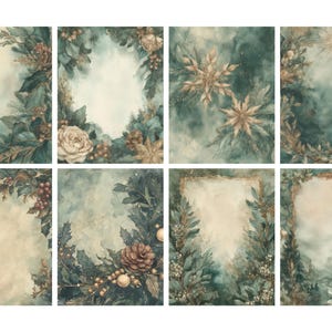 Pu&ograve; includere: Una collezione di otto illustrazioni ad acquerello a tema invernale. Ogni design presenta uno spazio centrale aperto circondato da elementi botanici come foglie, bacche e pigne, con una palette di colori tenui di verdi, ori e creme.