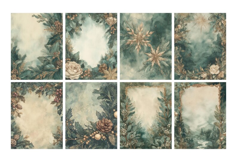 Pu&ograve; includere: Una collezione di otto illustrazioni ad acquerello a tema invernale. Ogni design presenta uno spazio centrale aperto circondato da elementi botanici come foglie, bacche e pigne, con una palette di colori tenui di verdi, ori e creme.