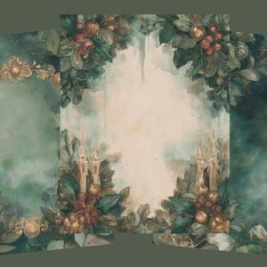 Pu&ograve; includere: Illustrazione ad acquerello in stile vintage, con tonalit&agrave; verdi e dorate. L'immagine presenta elementi botanici, come foglie, bacche e candele, che creano un bordo decorativo attorno a uno spazio centrale.