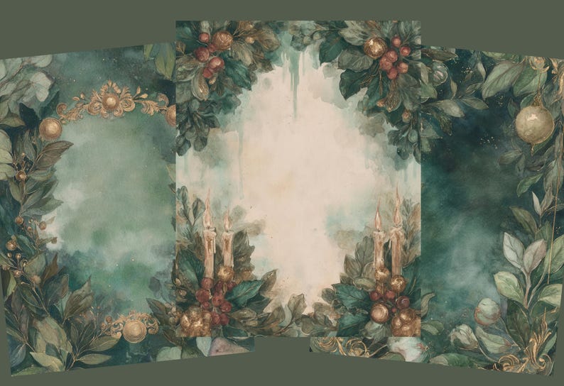 Pu&ograve; includere: Illustrazione ad acquerello in stile vintage, con tonalit&agrave; verdi e dorate. L'immagine presenta elementi botanici, come foglie, bacche e candele, che creano un bordo decorativo attorno a uno spazio centrale.